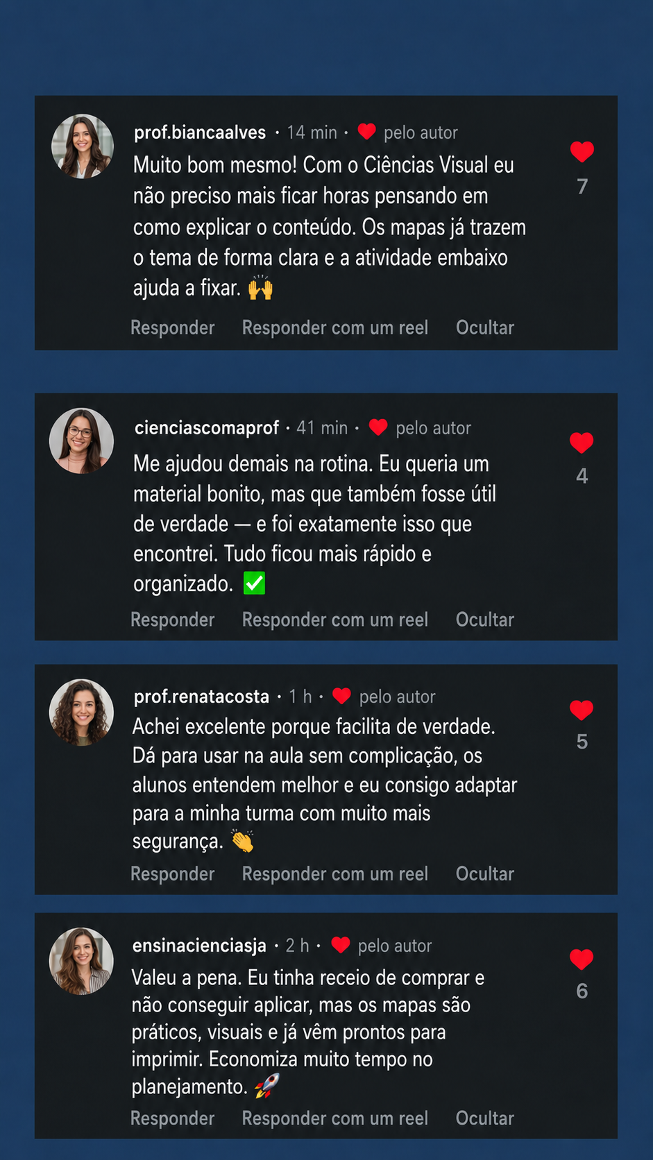 Depoimento em comentários de professoras
